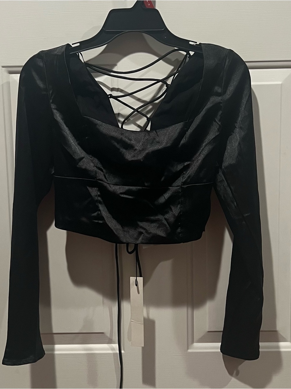 Mustard Seed Black Satin Lace-Up Back Long Sleeve Crop Top